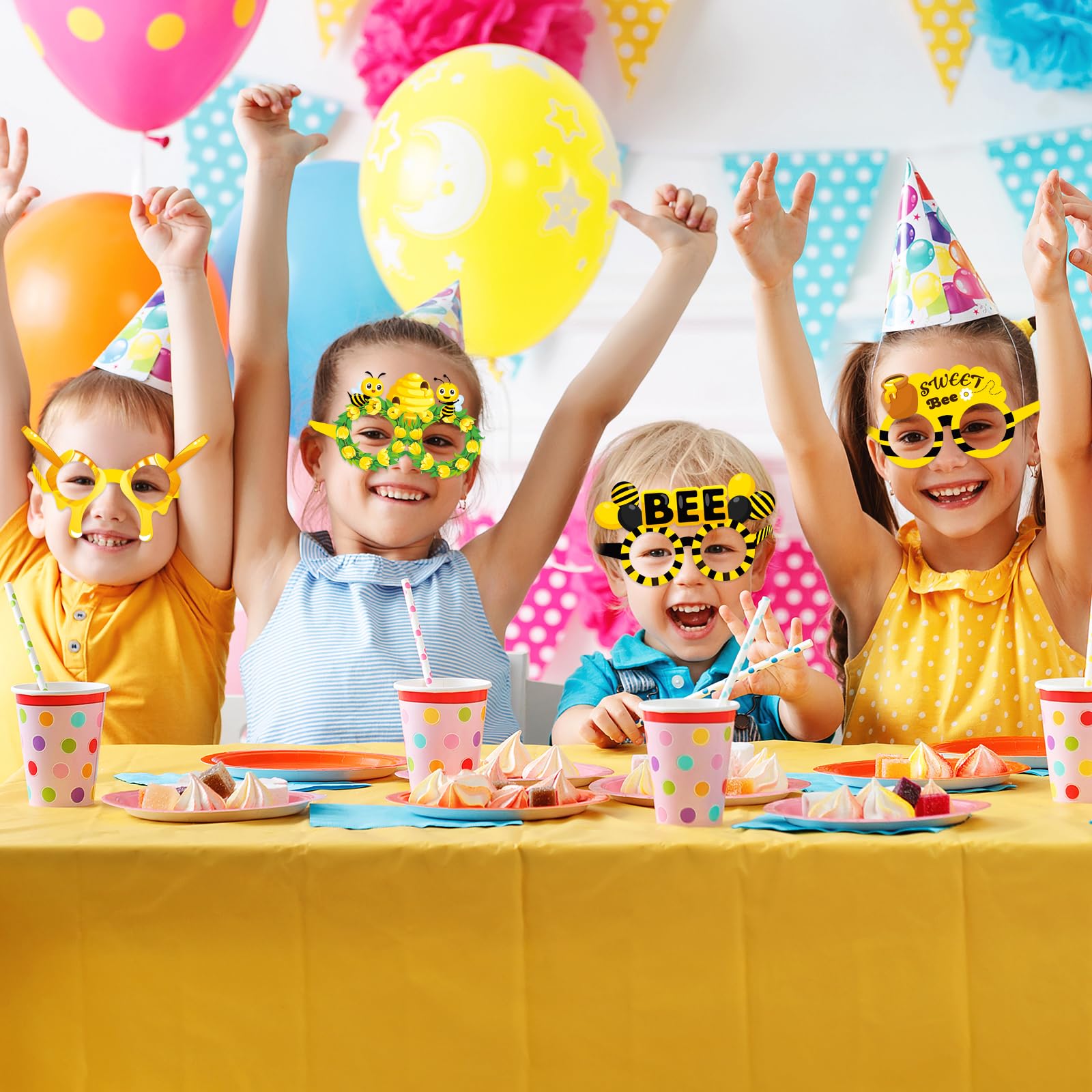 Threan 32 Pieces Bee Party Supplies Bulk Bee Glasses Honeycomb Sunflower Paper Eyeglasses for Summer Flower Birthday Party Baby